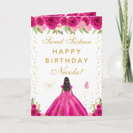 Tarjeta Hot Pink Floral Dark Skin Girl Sweet Sixteen