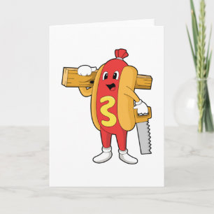 Tarjeta Hotdog como Carpintero con Saw y Wood