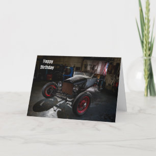 Tarjeta Hotrod en un garage Happy Birday Card