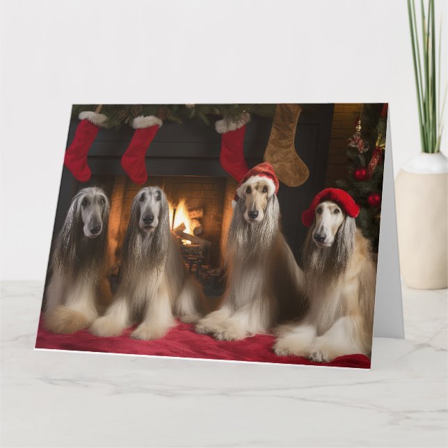 Tarjeta Hound afgano por los Navidades de la chimenea (Anverso)