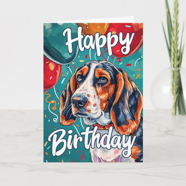 Tarjeta Hound Basset con Globos Cumpleaños (Anverso)