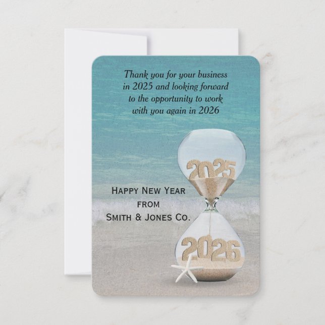 Tarjeta Hourglass de Año Nuevo 2026 Gracias de negocios (Anverso)
