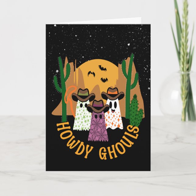 Tarjeta Howdy Ghouls Halloween Ghost Cowboy (Anverso)