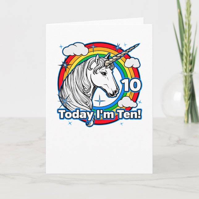 Tarjeta Hoy cumplo diez años con el arcoiris de Unicornio (Anverso)