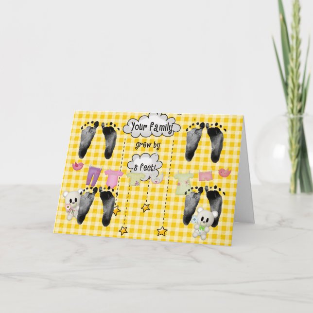 Tarjeta Huella de cuádruple bebé en Gingham (Anverso)