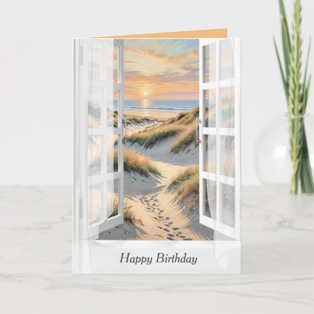 Tarjeta Huellas De Cumpleaños En La Ventana De Arena De Pl (Anverso)