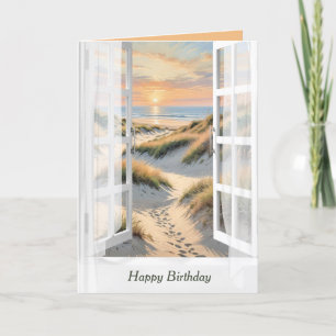 Tarjeta Huellas De Cumpleaños En La Ventana De Arena De Pl
