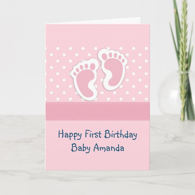 Tarjeta Huellas de niñas pequeñas rosadas 1° cumpleaños (Anverso)