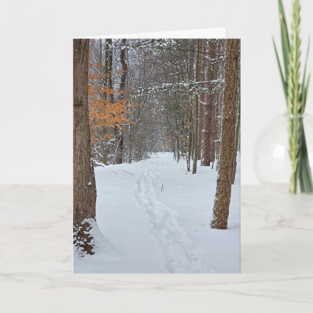 Tarjeta Huellas Nevadas de Simpatía en un Bosque Invernal (Anverso)