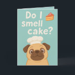 Tarjeta ¿Huelo Pastel? Funny Pug Birthday<br><div class="desc">Esta adorable tarjeta de saludo "¿Huelo pastel?" presenta un tierno cerdo en el gorra de un chef, olfateando ansiosamente una rebanada de pastel. Perfecto para los amantes del perro y para aquellos que disfrutan de una buena risa en su cumpleaños. El diseño lúdico y los colores pastel brillantes lo convierten...</div>