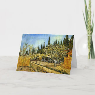 Tarjeta Huerta en el flor, cipreses, Vincent van Gogh