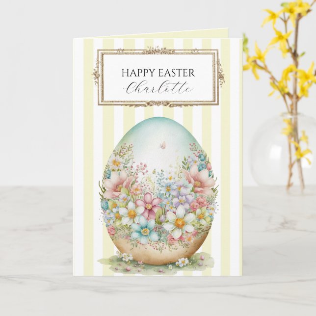 Tarjeta Huevo de Pascua Decorativo Personalizado y a Rayas (flor amarilla)