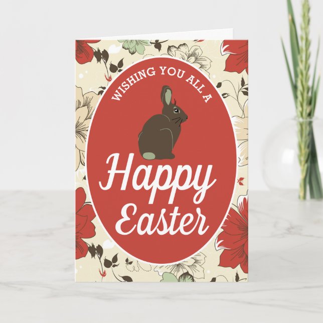 Tarjeta Huevo de Pascua, Pascua, conejito floral rojo y cr (Anverso)