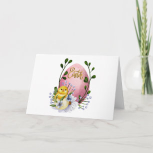 Tarjeta Huevo de Pascua, pollito y flores de primavera