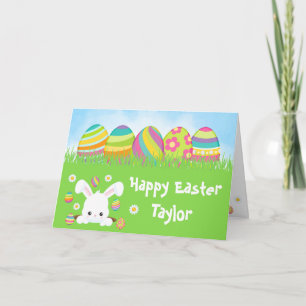 Tarjeta Huevos arcoiris de conejo Feliz Pascua