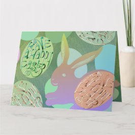 Tarjeta Huevos de conejo de Pascua sobre verde azul
