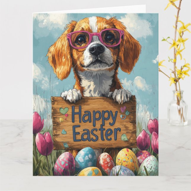 Tarjeta Huevos de Pascua Beagle (flor amarilla)