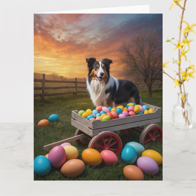 Tarjeta Huevos de Pascua de Border Collie (flor amarilla)