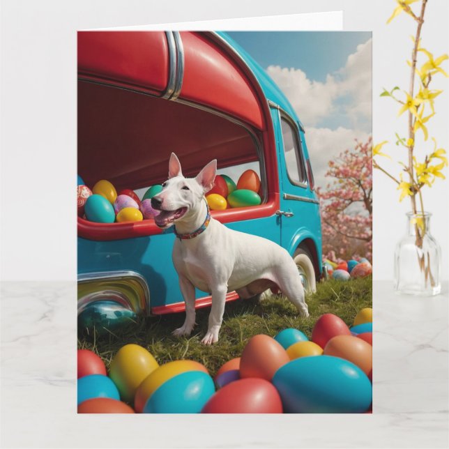 Tarjeta Huevos de Pascua de Bull Terrier (flor amarilla)