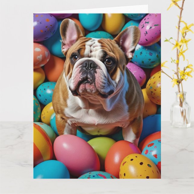 Tarjeta Huevos de Pascua de bulldog (flor amarilla)