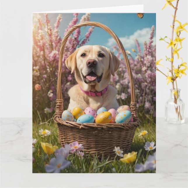 Tarjeta Huevos de Pascua de Labrador (flor amarilla)
