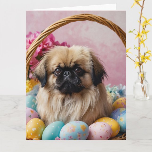 Tarjeta Huevos de Pascua de Perro Pekín (flor amarilla)