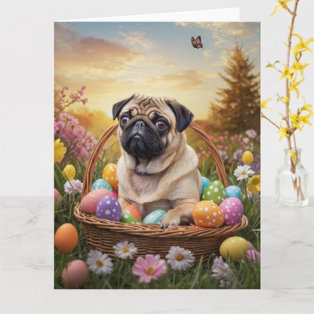 Tarjeta Huevos de Pascua de Pug (flor amarilla)