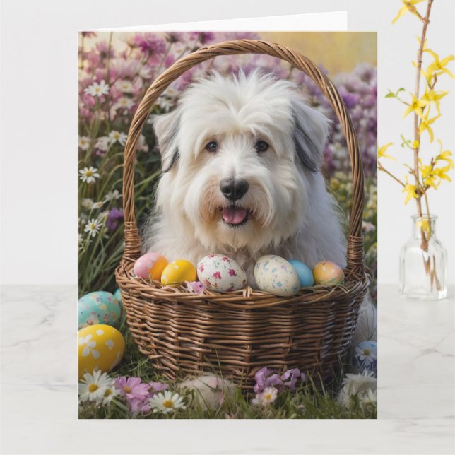 Tarjeta Huevos de Pascua del Old English Sheepdog (flor amarilla)