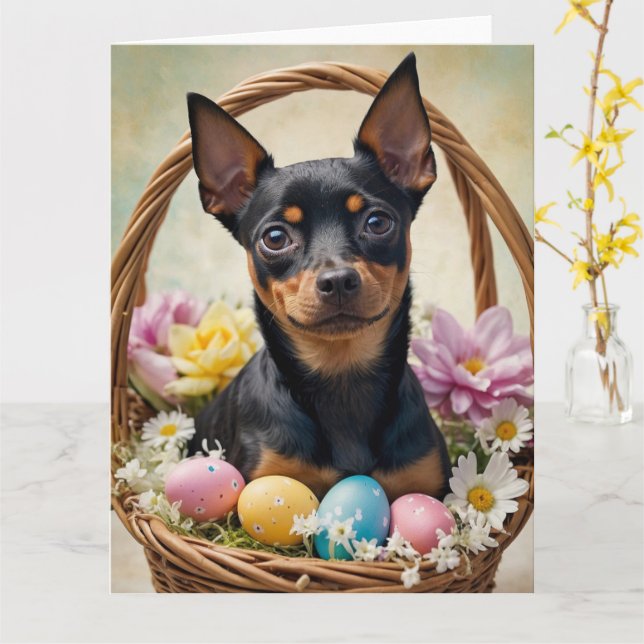 Tarjeta Huevos de Pascua en miniatura de Pinscher (flor amarilla)
