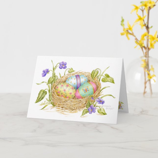 Tarjeta Huevos de Pascua pintados en la alegría de la natu (flor amarilla)