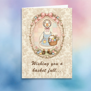 Tarjeta Huevos de Pascua y adorable ganso con ropa vintage