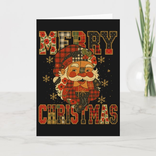 Tarjeta Hugvyn Navidad Santa Claus Patchwork Feliz Navidad (Anverso)