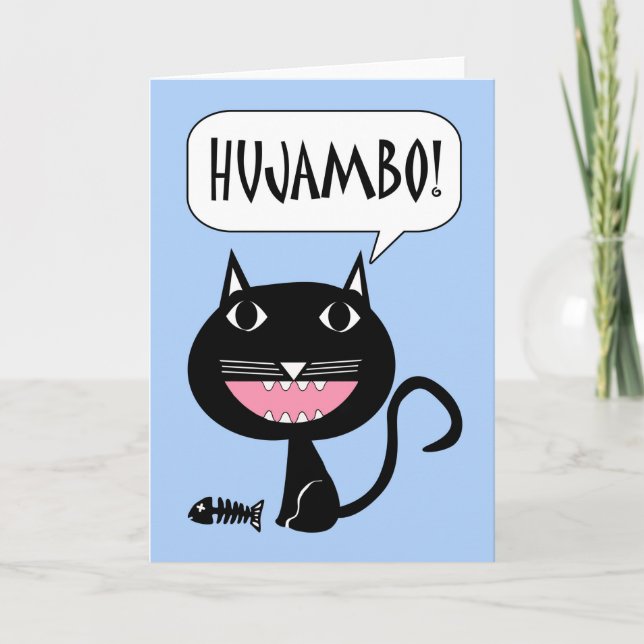 Tarjeta ¡Hujambo! Hola en suajili, gato con los huesos de (Anverso)