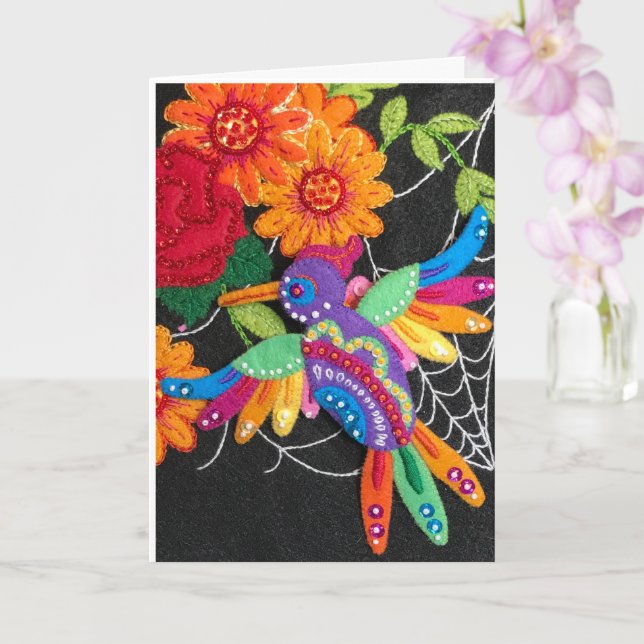 Tarjeta Hummiingbird Felt Sequin Beads Stitched Pretty  (Orquídea)