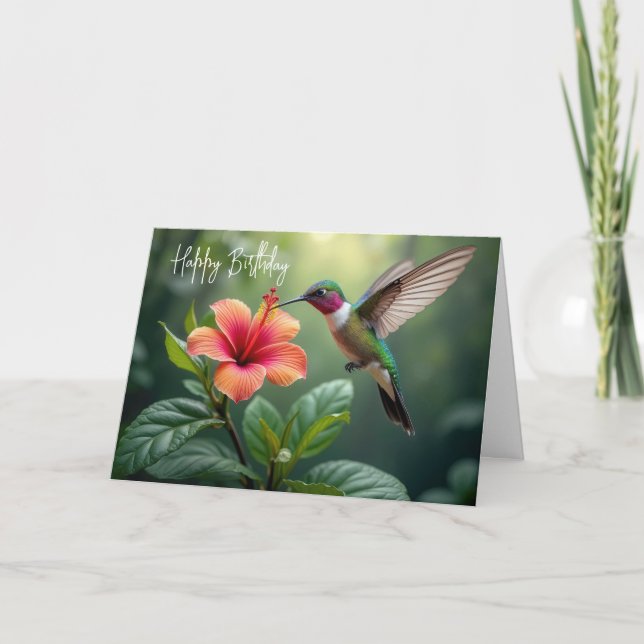 Tarjeta Hummingbird de cumpleaños en un hibiscus (Anverso)