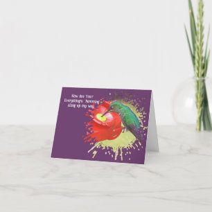 TARJETA HUMMINGBIRD EN FEEDER/LAS COSAS ESTÁN HUMMMIENDO A