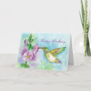 Tarjeta Hummingbird Hollyhock Pink Flowers Feliz cumpleaño