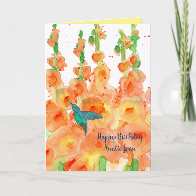 Tarjeta Hummingbird Hollyhocks feliz cumpleaños tía (Anverso)