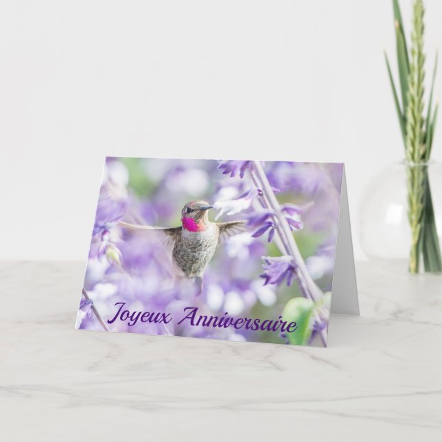 Tarjeta Hummingbird Joyeux Aniversario de Pink and Purple (Anverso)