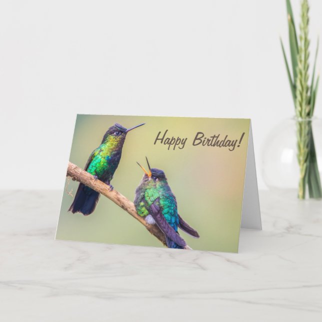 Tarjeta Hummingbird Pareja hablando feliz cumpleaños (Anverso)