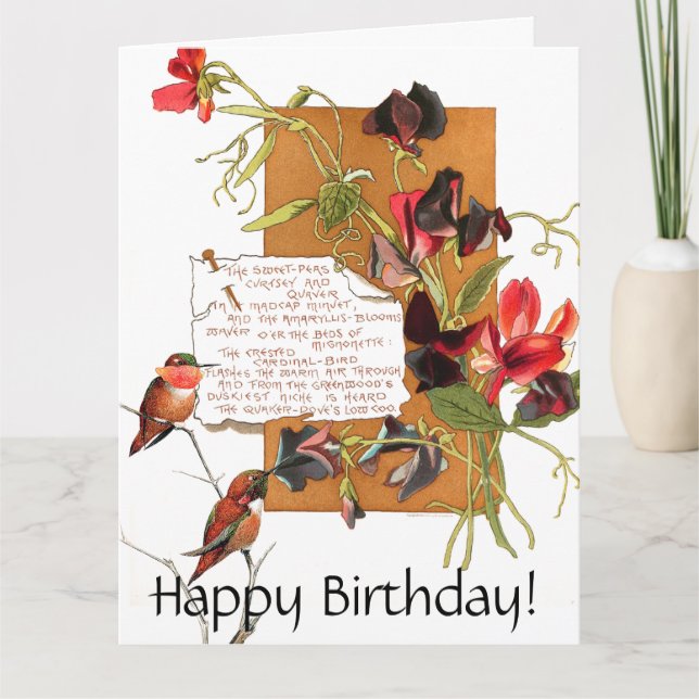 Tarjeta Hummingbird Sweet Pea Flowers Poem Floral B'Day (Anverso)