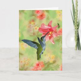 Tarjeta Hummingbird y Lirio Rosa en patrón floral
