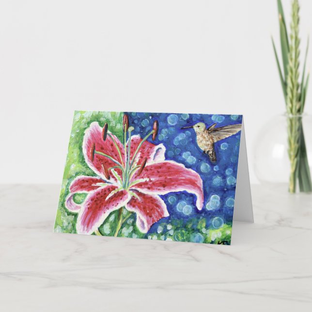 Tarjeta Hummingbird y Stargazer Lily Painting (Anverso)