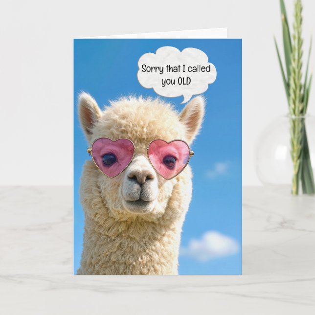 Tarjeta Humor de Cumpleaños Alpaca con Gafas de Corazón Ro (Anverso)
