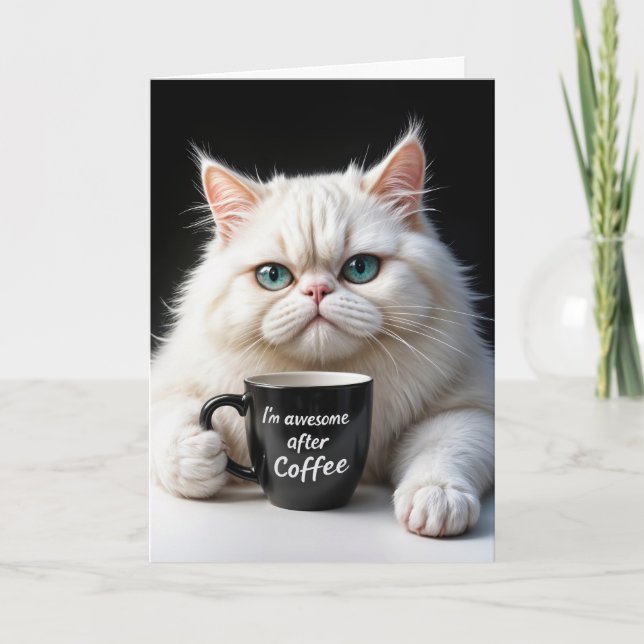Tarjeta Humor de cumpleaños de gato persa blanco (Anverso)