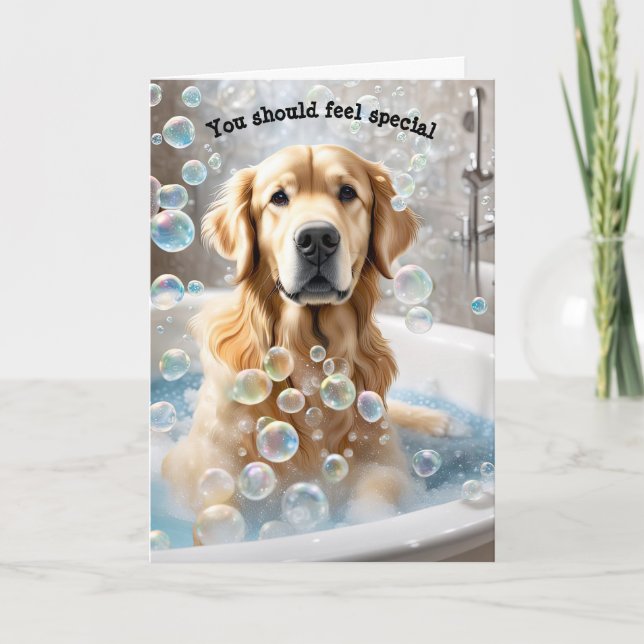 Tarjeta Humor de cumpleaños de Golden Retriever Bath (Anverso)