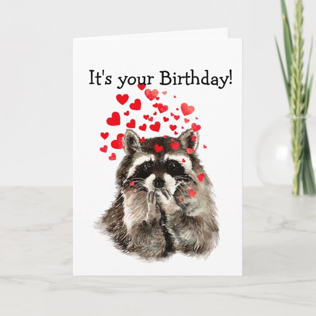 Tarjeta Humor de cumpleaños lindo Raccoon Corazones de amo (Anverso)
