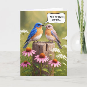 Tarjeta Humor de cumpleaños, pájaros azules en una valla