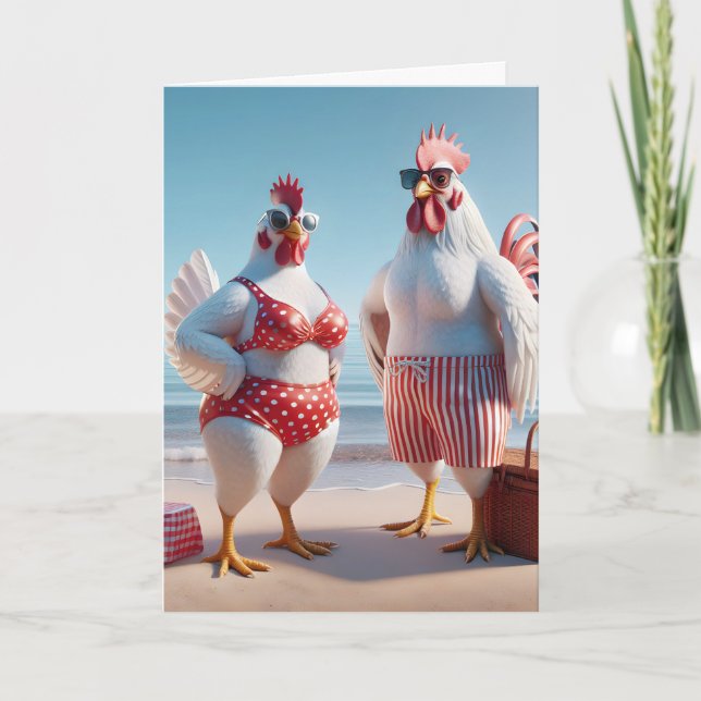 Tarjeta Humor de Cumpleaños Pollos en la Playa (Anverso)