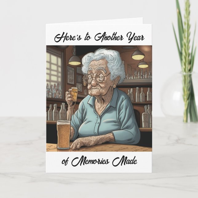 Tarjeta Humor envejecido | Abundante anciana que bebe cump (Anverso)